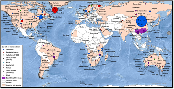 REE deposits by type and estimated Total Rare Earth Oxides (TREO)