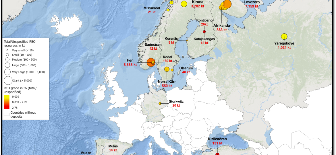 REE deposits by size (estimated TREO) and ore quality in Europe. © TU Delft