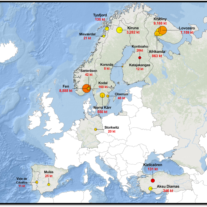 REE deposits by size (estimated TREO) and ore quality in Europe. © TU Delft